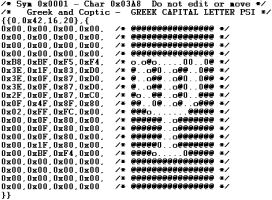 C-source code bitmap font with white on black alpha value anti-alias C-source code bitmap character with white on black alpha value anti-alias from raster font