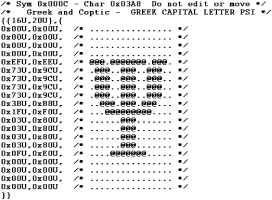Black and white C-source code character with capital U suffix for raster font Black and white C-code character with capital U suffix for raster font