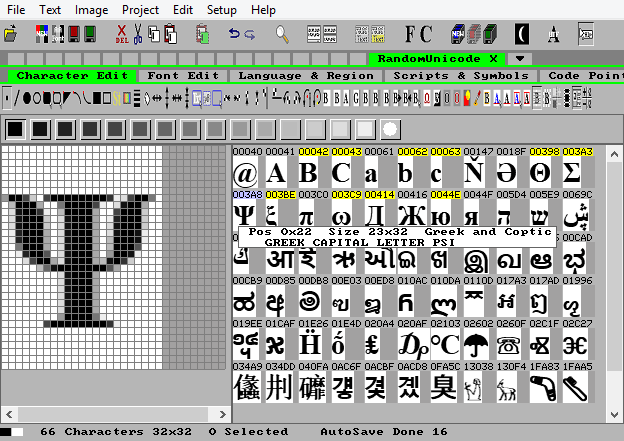 Any Displayable Unicode Character can be converted to a Bitmap and then C-Source Code Random Unicode Bitmap Characters
