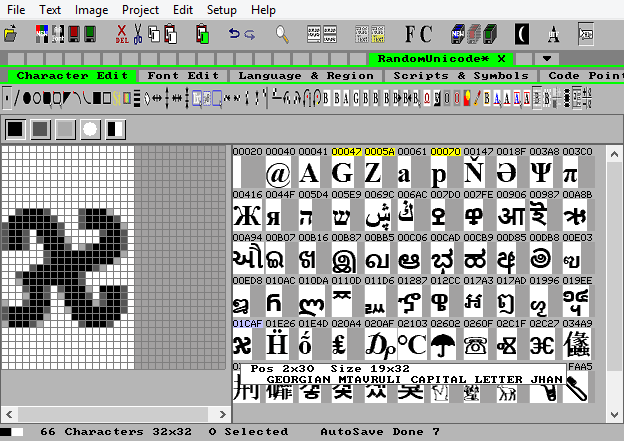 Any Displayable Unicode Character can be part of an International Font Random Unicode Characters as raster Font