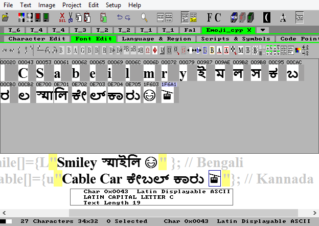 The processor finds the C strings in text catalogues and makes fonts. C string conversion to Asian fonts