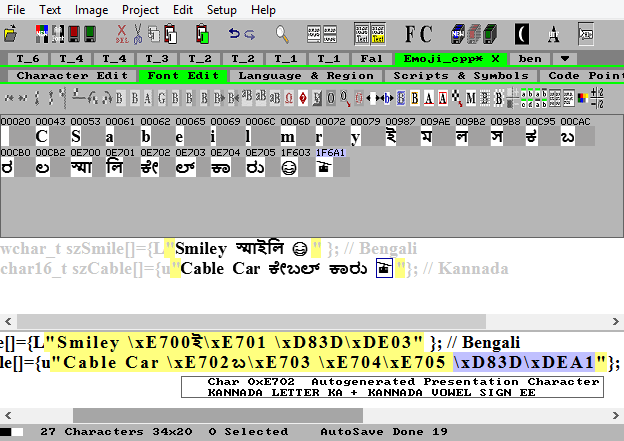 The processor finds the C strings in text catalogues, makes fonts, and convert texts. C string conversion to UTF-16 Asian texts