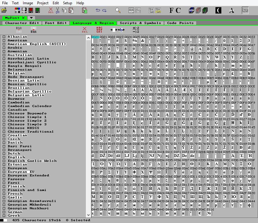 C-source code raster fonts with Latin English and Cyrillic Bulgarian