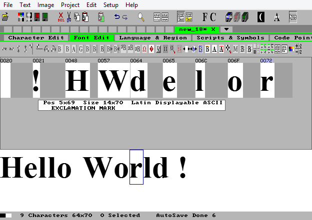 IconEdit can make a font to fit a text, and show the text with the raster font. Image of Hello World raster font and text